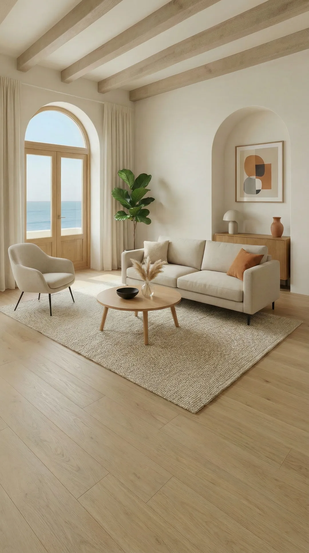A bright living room with white walls, an arched window onto the sea, and a pale sofa.