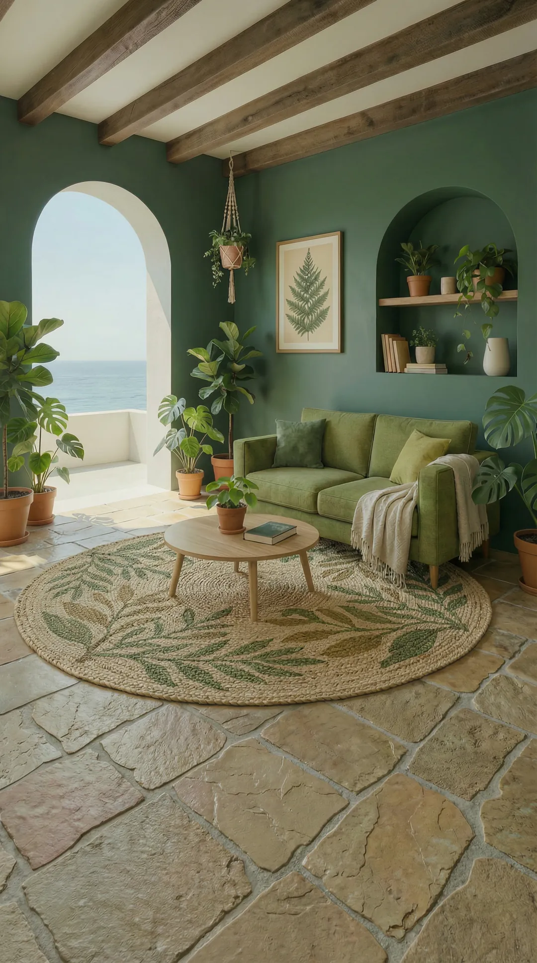 The same room redesigned: deep green walls, a green sofa, and plants around the arch.