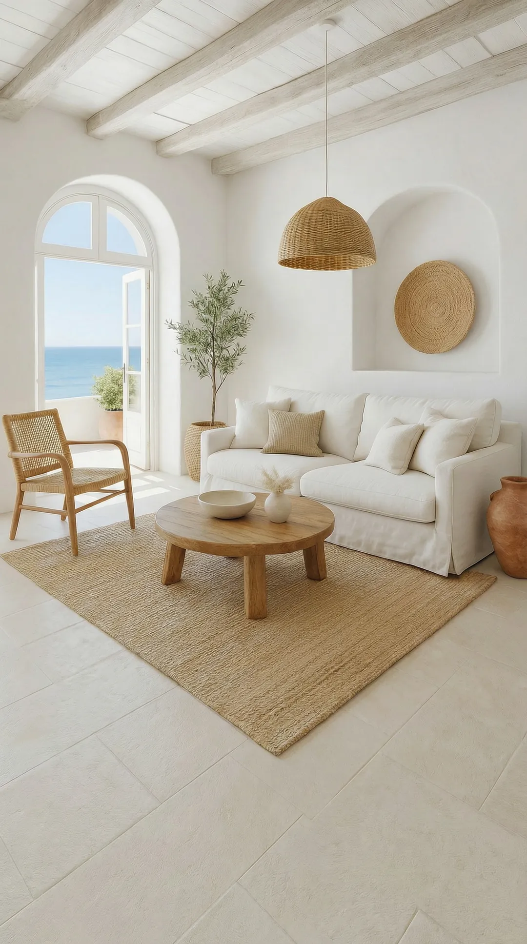 The same room redesigned: a jute rug, woven pendant lamp, and an olive tree by the window.