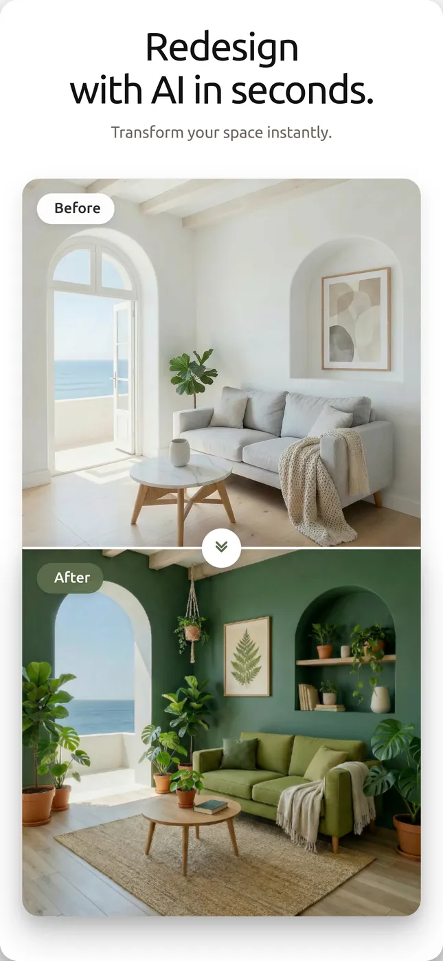 Before and after: a white living room redesigned with green walls and plants.