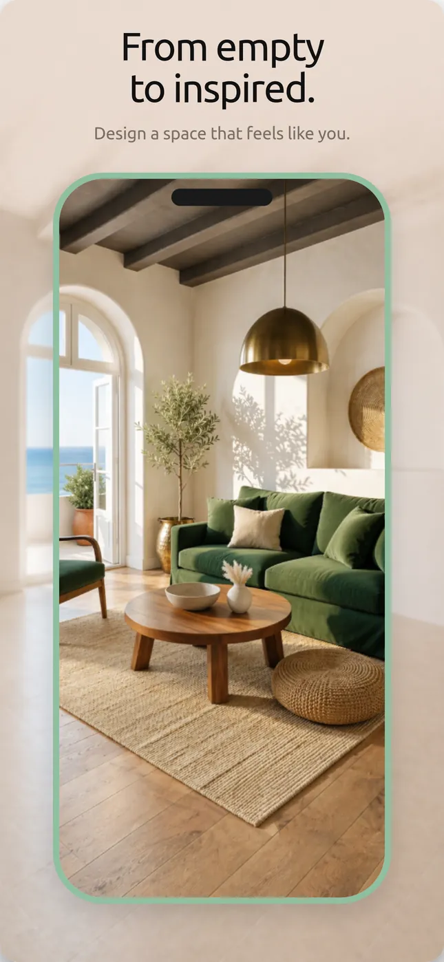 A redesigned living room shown full screen in the app.