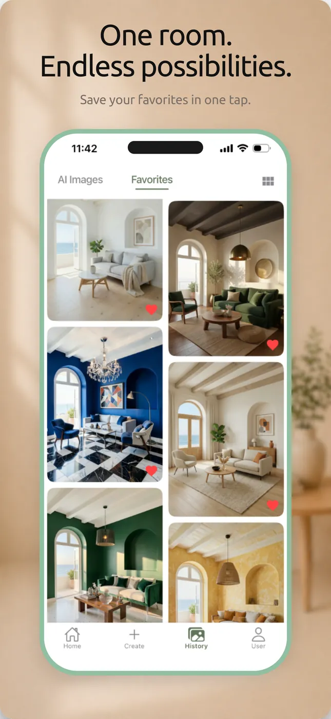 The favourites screen: a grid of saved room designs.