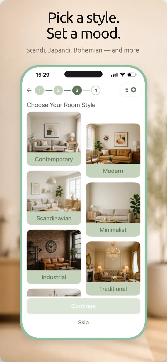 Choosing a room style: Contemporary, Modern, Scandinavian, Minimalist, Industrial, Traditional.